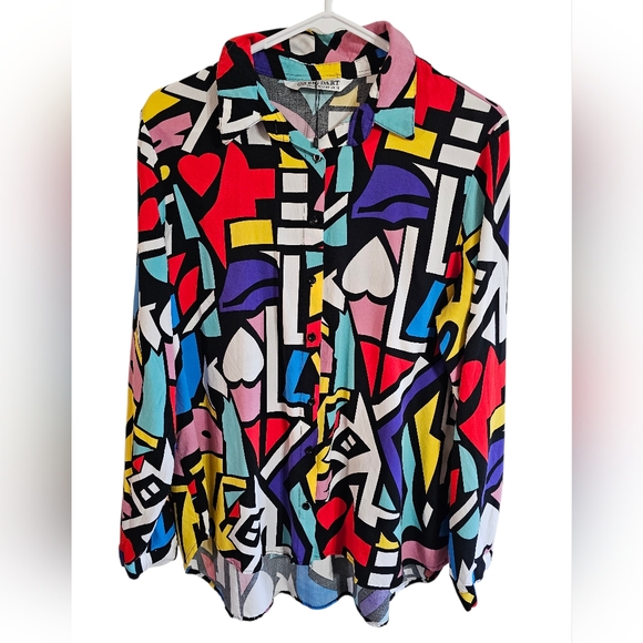 Big Dart Mens Abstract Geometric Print Button Up Shirt Vintage 90s Viscose M HTF - Picture 2 of 7